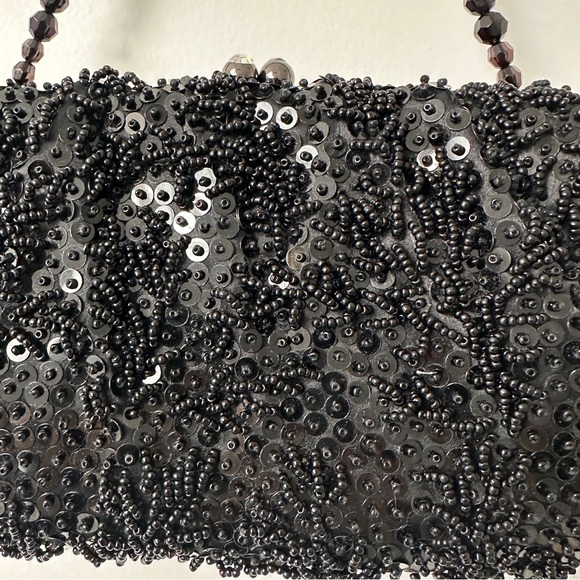 Vintage Elegant FRANCHI Black Beaded Sequin Cocktail Evening Bag Purse - Picture 3 of 16